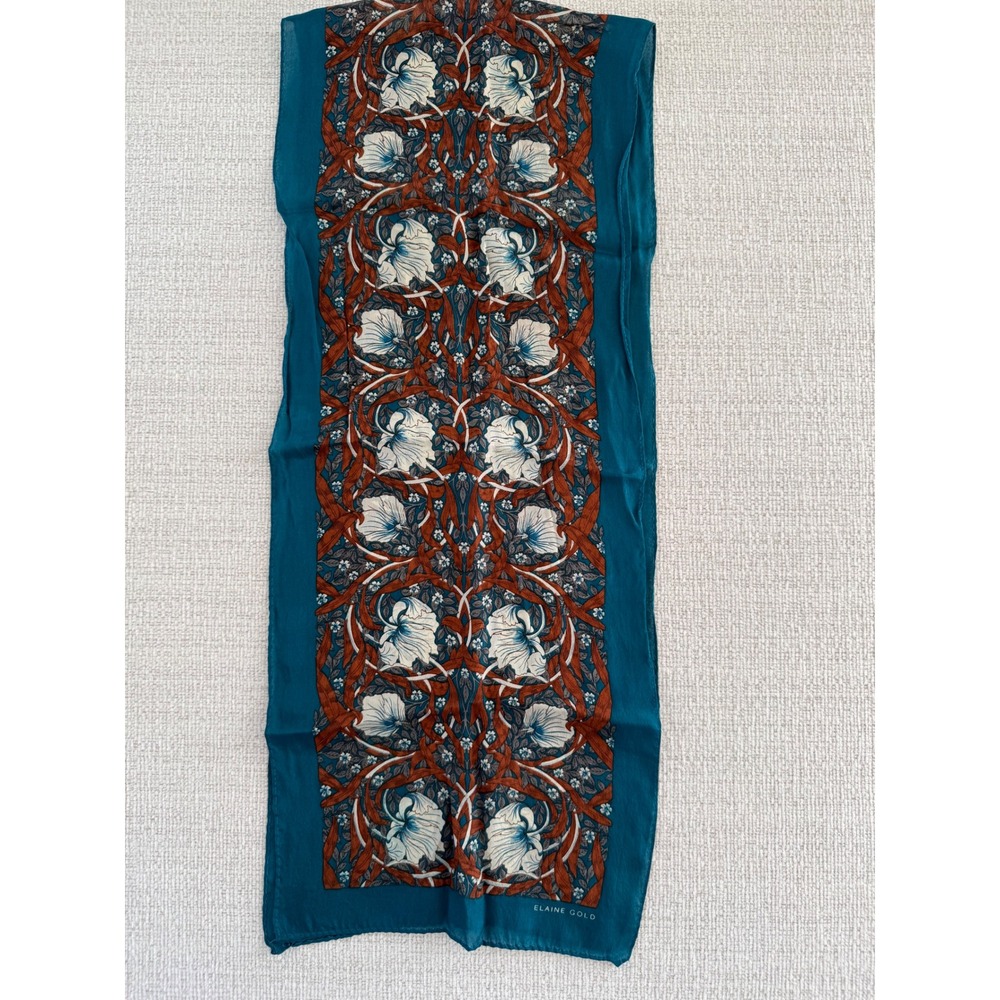 Vintage Elaine Gold Silk Long Rectangle Scarf Teal Brown Floral 10x50